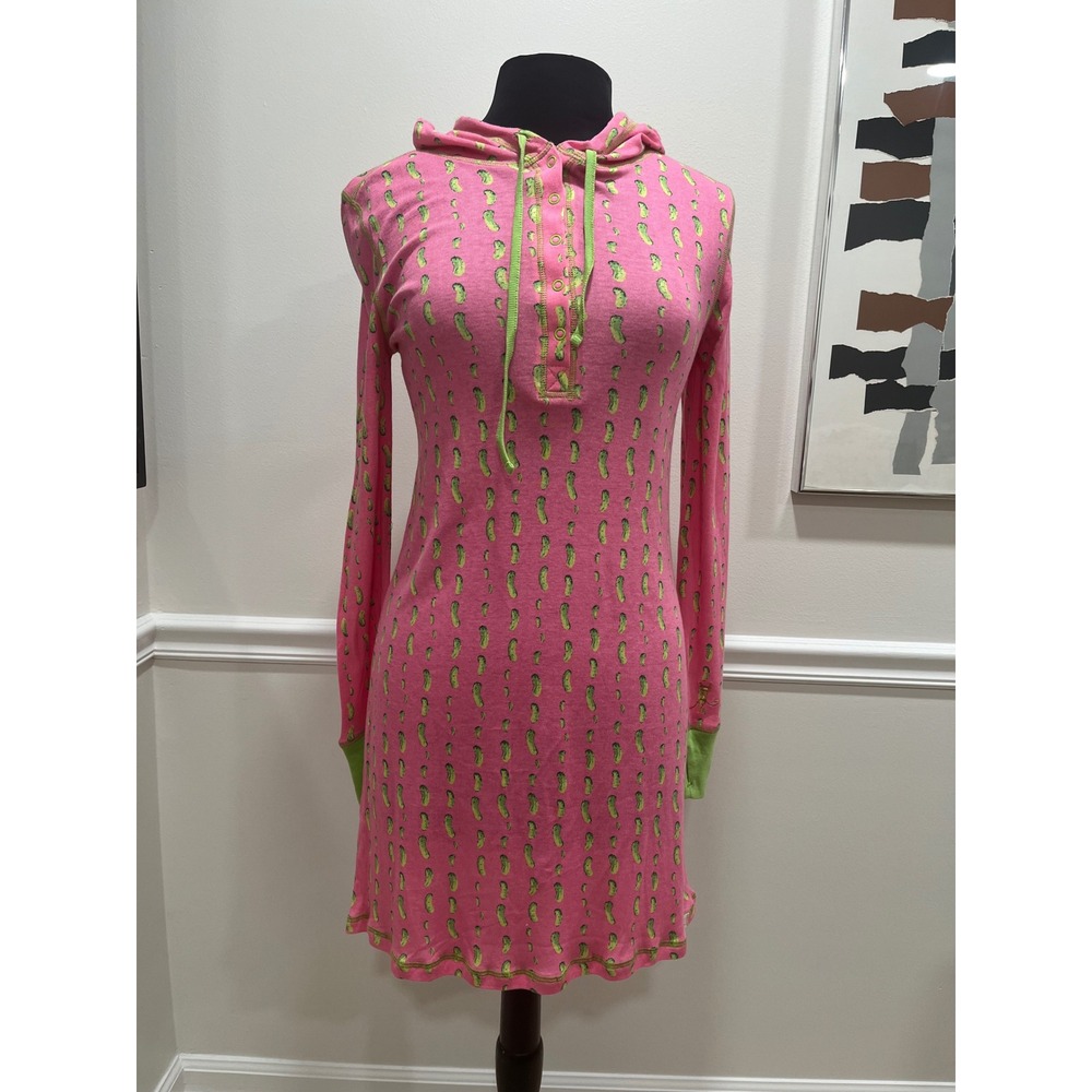 Munki Munki Pink Pickle Print Bamboo Cotton Hooded Nightshirt Gown Size M